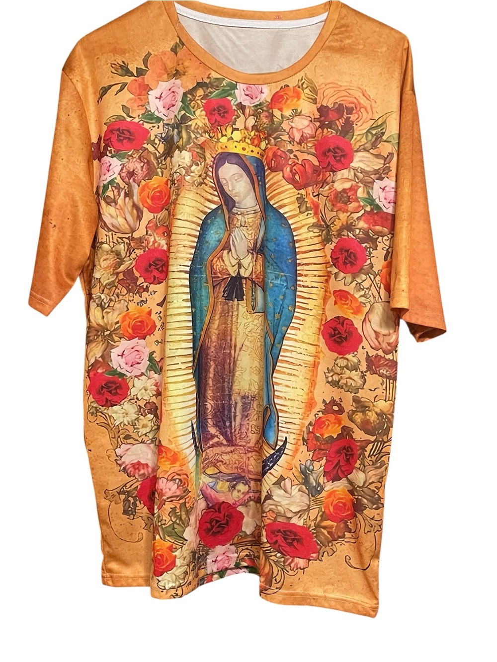 Radiant Floral Virgin Mary Graphic Tee in Gold and Blue